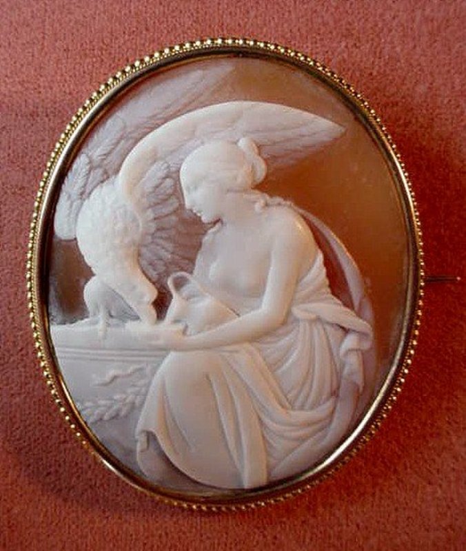FANTASTIC 14K HEBES AND THE EAGLE CAMEO BROOCH Ca. 1900