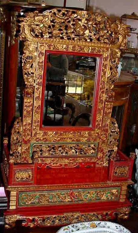 ANTIQUE CARVED WOOD CHINESE TABLETOP MIRROR