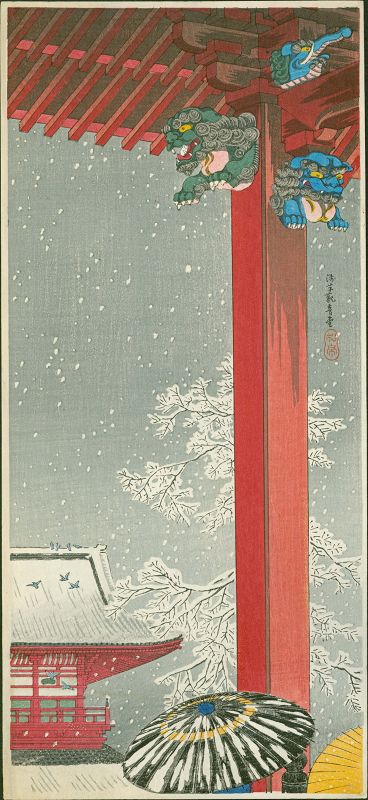 Takahashi Shotei Woodblock Print - Snow at Asakusa Kannon-do SOLD