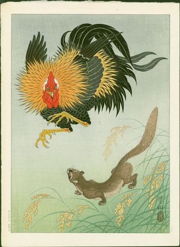 Ohara Koson (Hoson) Woodblock Print -  Rooster and Weasel - SOLD