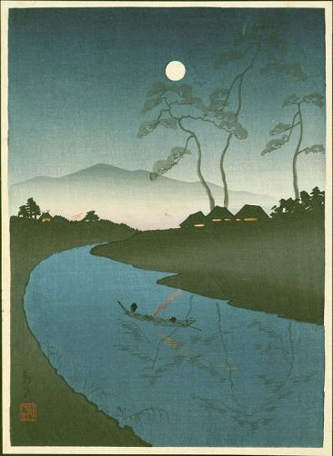 Takemura Woodblock Print - Boat on River at Night - Choka (Hodo?) SOLD