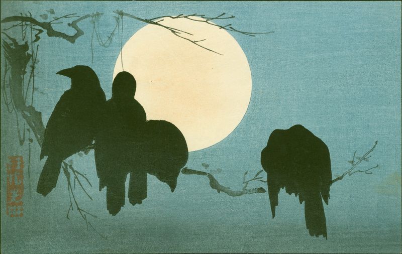 Ogata Korin Japanese Woodblock Print - Crows and Moon SOLD
