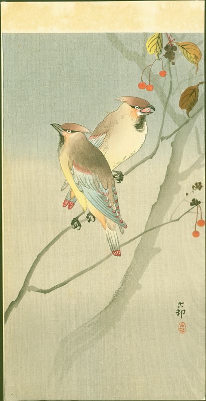 Ohara Koson Japanese Woodblock Print - Waxwings on Twig With Berries