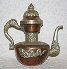 Large Antique Copper and Silver Tibetan Teapot