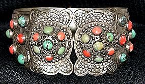 Hinged Chinese Silver Bracelet with coral & turquoise