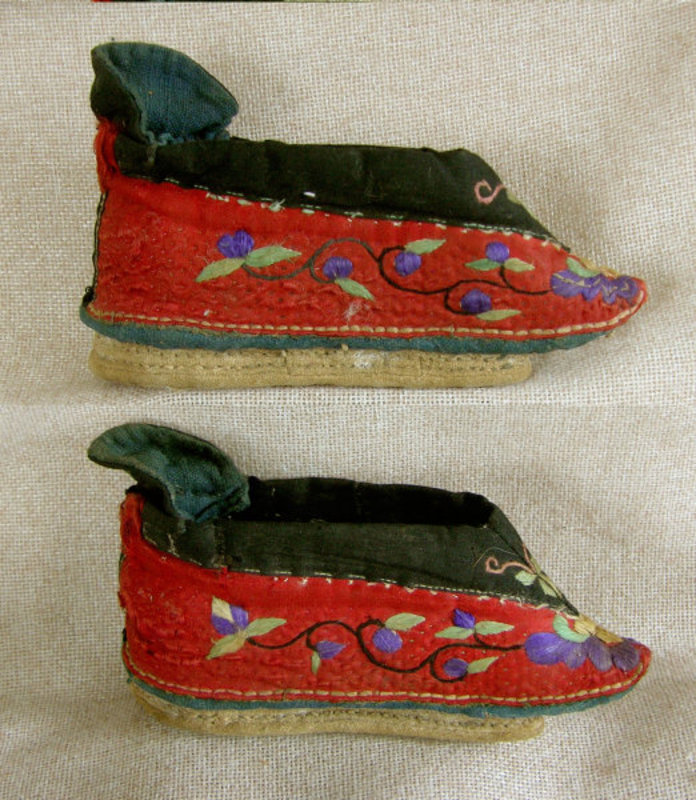 Pair Antique Chinese red lotus shoes 