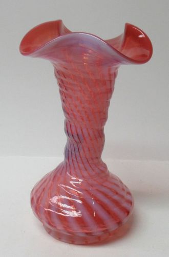 Fenton Cranberry Opalescent SPIRAL OPTIC 7 1/2 In Ruffled Top VASE