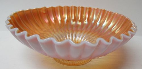 Dugan Carnival Glass Peach Opalescent SINGLE FLOWER FRAMED Bowl