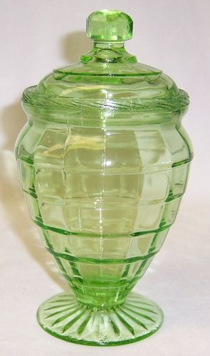 Hocking Depression Glass Green BLOCK OPTIC 6 1/4 In CANDY DISH w/LID