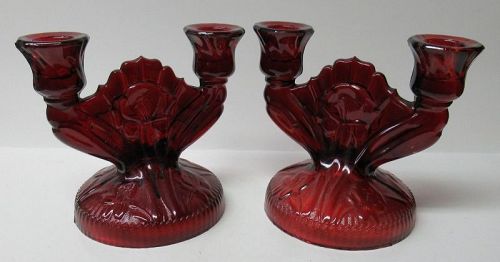 Jeannette Glass Ruby Flashed IRIS and HERRINGBONE CANDLE STICKS, Pr