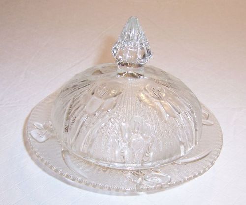 Jeannette Depression Crystal IRIS and HERRINGBONE BUTTER DISH w/LID