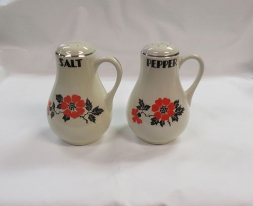 Hall China RED POPPY 5 Inch Handled SALT and PEPPER Shakers, Pair