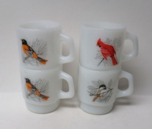 Anchor Hocking Fire King White Stackable BIRD MUGS, Set of Four (4)