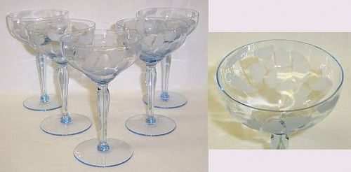 5-TIFFIN Blue Etched 5 7/8 Inch High SHERBET CHAMPAGNES