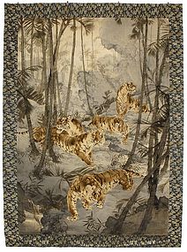 Very Large Painted Japanese Velvet w. 5 Tigers, Meiji.