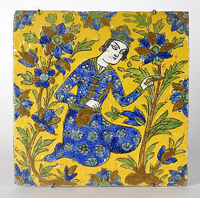 Persian Cuerda Seca Tile with Young Man, 18th / 19th C.