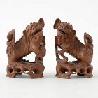A Pair Small Chinese Lions Boxwood Carvings, late Qing.