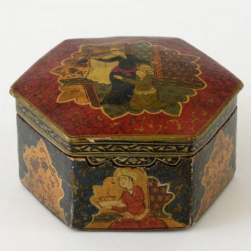 Hexagonal Persian Qajar Papier-Mache Lacquer Box, c. 1900.