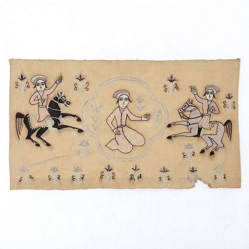 Persian Qajar Embroidered Figural Panel from Isfahan, c. 1910.