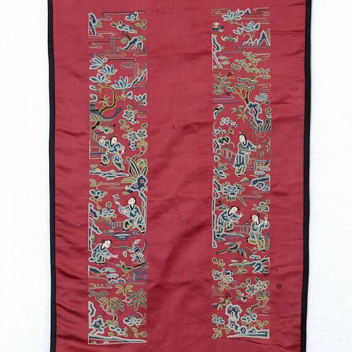 A Pair Undone Chinese Silk Sleeve Bands in Pekinese Stitch, Qing