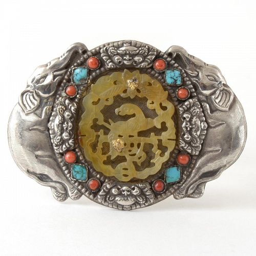 Chinese / Mongol Assembled Silver Belt Buckle w. Elephants and Jade.