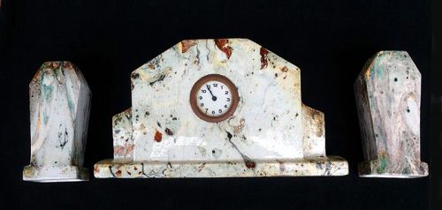 Art Déco marble glazed clock set, French or Belgian
