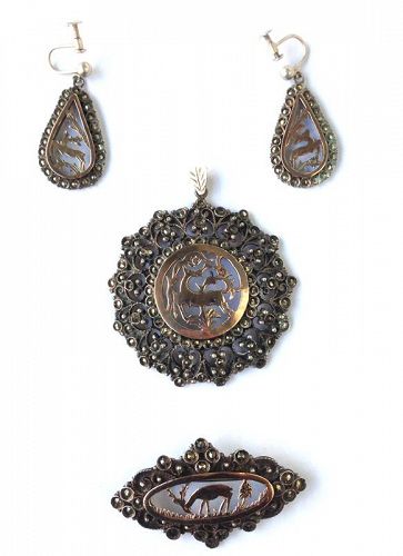 Marcasite, silver and gold parure: earrings, pendant and brooch