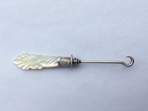 Mother of pearl and silvered metal button hook