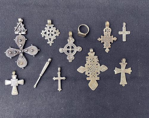 A collection of Ethiopian Coptic silver crosses