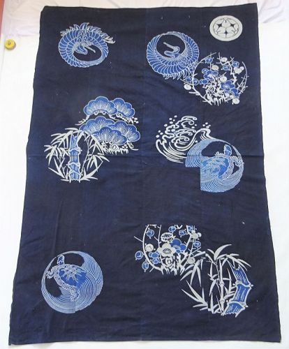 Japanese Antique Textile Tsutsugaki Futonji with Auspicious Motifs