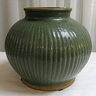 Chinese Ribbed Celadon Green Stoneware Jar Pot
