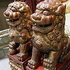 Red Pair Chinese Wood Fu Lions Foo Dog Statue Carving, 19th C