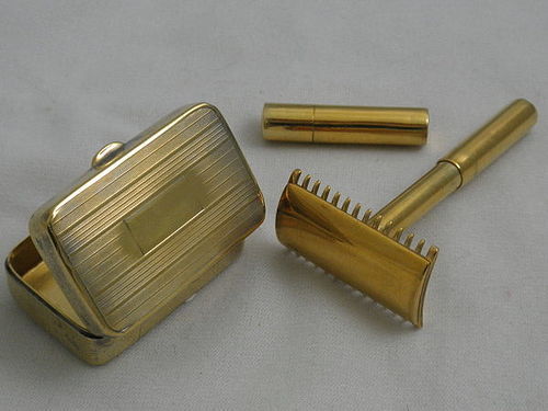 RARE Vintage Sterling Silver Gold Double Edge Razor in Compact Box