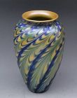 Steven Lundberg Gold Aurene and Blue Pulled Feather Art Glass Vase