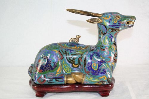 Old Chinese Cloisonne Recumbent Deer Censer on Stand