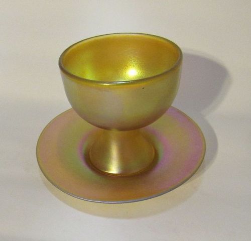 Quezal, Gold Aurene Art Glass Footed Sherbert Cup with Underplate