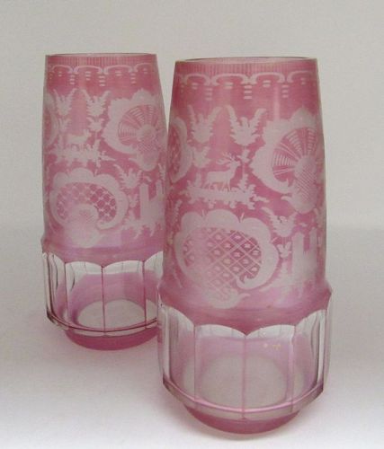 Pair of Red Bohemian Glass Vases with Castle, Crane, Deer