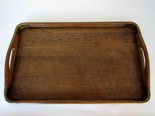 Edwardian Oak Serving Galley Tray with Brass Mounted Corners