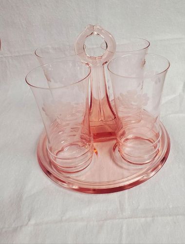 Dunbar Glass Art Deco Pink Tumblers and Handled Beverage Tray Set