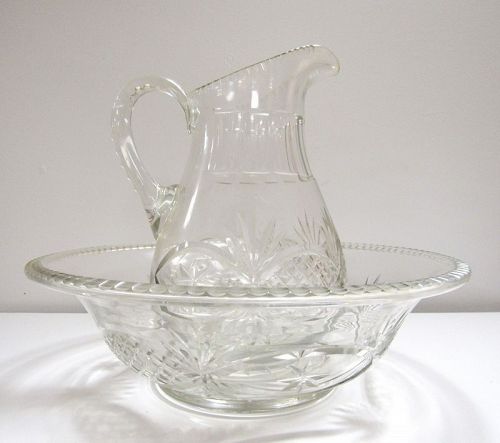 Early 19th C Antique American Cut Glass Wash Bowl and Pitcher
