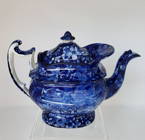 Early 19th Century Staffordshire Flow Blue Historical Porcelain Teapot