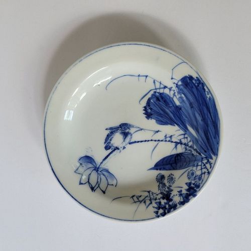 Japanese Arita Underglaze Blue Porcelain Dish with Kingfisher