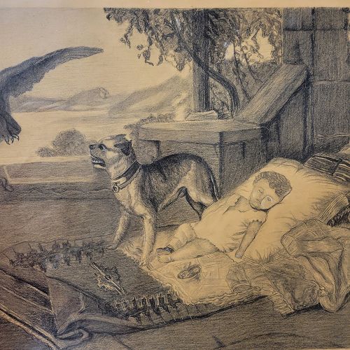 Original 19th C Mourning Drawing, Dog Protecting Child, Signed