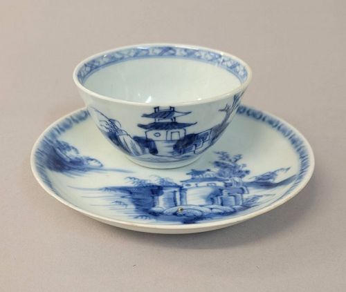 18th C Blue and White Chinese Nanking Porcelain Tea Bowl & Saucer