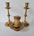 19th C French Pair Gilt Bronze Candlesticks and Inkwell