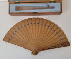 Antique Chinese Carved Wood Brise Fan with  Box