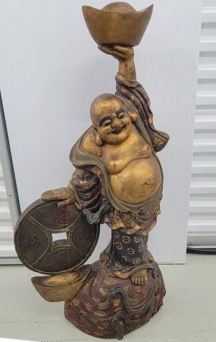 Old Chinese Gold and Red Painted Wood Laughing Buddha Statue Hotei