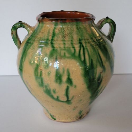 Antique French Yellow and Green Glazed Terra Cotta Confit Pot