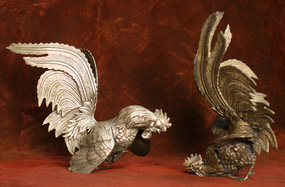 Rare Meiji Period Japanese Bronze Fighting Cocks