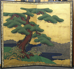 Edo Period Pine Tree and Landscape Gold Painted Screen